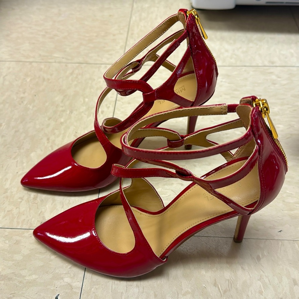 MICHAEL KORS Catia Red Pointed Toe Strappy Heels Patent Leather